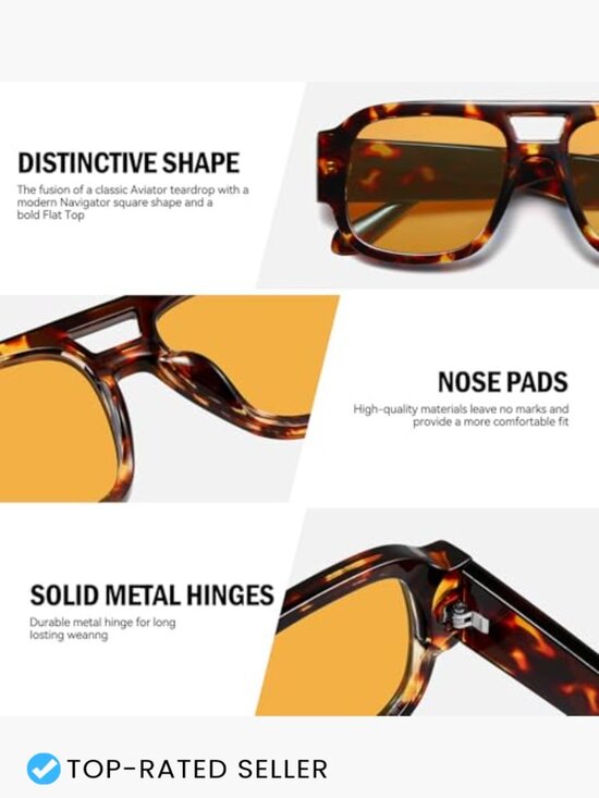 Square Aviator Sunglasses Retro 70s Chunky Double Bridge Flat Top Y2K Shades main image 4